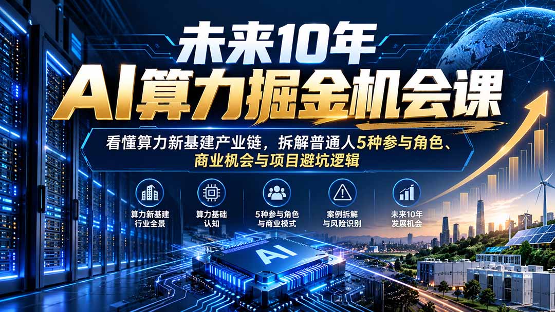 未来10年AI算力掘金机会课:看懂算力新基建产业链,拆解普通人5种参与角色、商业机会与项目避坑逻辑网络赚钱,项目资源网,副业资源网,兼职项目,网赚课程-副业赚钱-互联网创业-独家轻创IP大圣网创