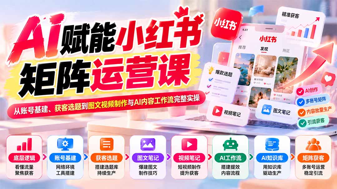 AI赋能小红书矩阵运营课:从账号基建、获客选题到图文视频制作与AI内容工作流完整实操网络赚钱,项目资源网,副业资源网,兼职项目,网赚课程-副业赚钱-互联网创业-独家轻创IP大圣网创