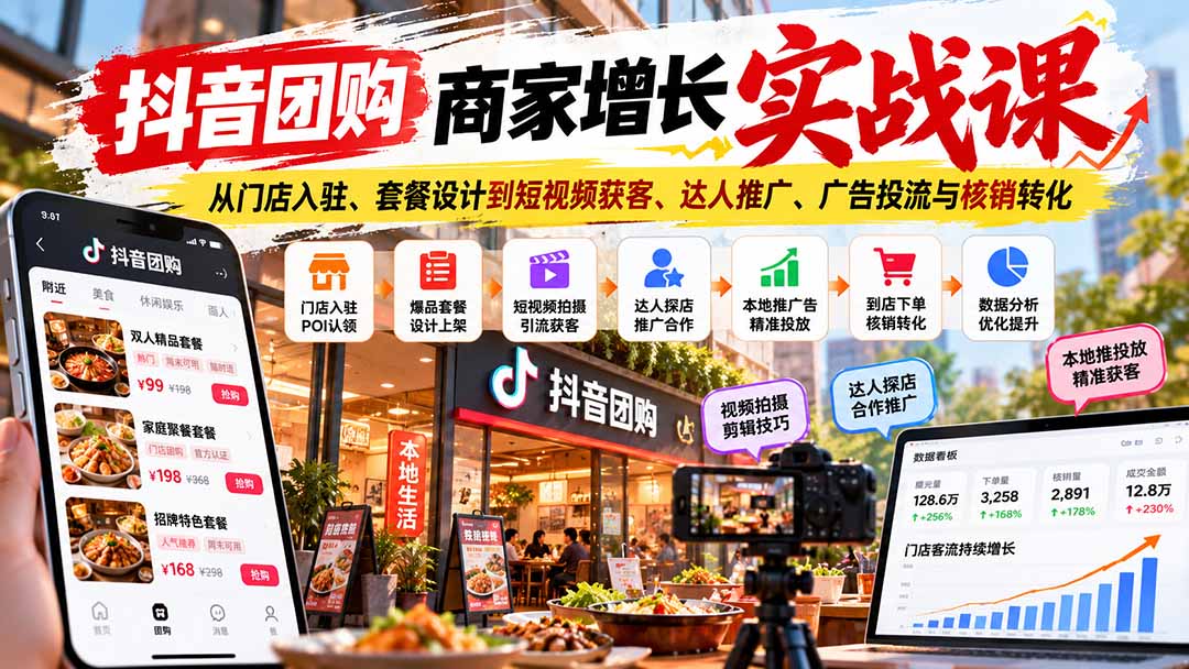抖音团购商家增长实战课：从门店入驻、套餐设计到短视频获客、达人推广、广告投流与核销转化网络赚钱,项目资源网,副业资源网,兼职项目,网赚课程-副业赚钱-互联网创业-独家轻创IP大圣网创