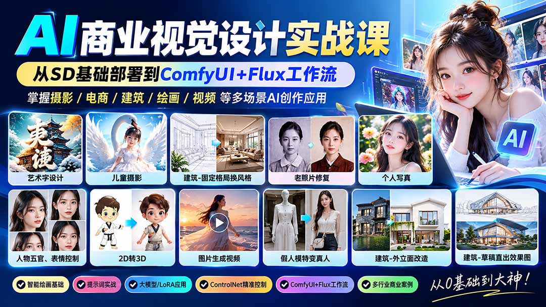 【无水印】AI商业视觉设计实战课:从SD基础部署到ComfyUI+Flux工作流,掌握摄影电商建筑AI创作网络赚钱,项目资源网,副业资源网,兼职项目,网赚课程-副业赚钱-互联网创业-独家轻创IP大圣网创