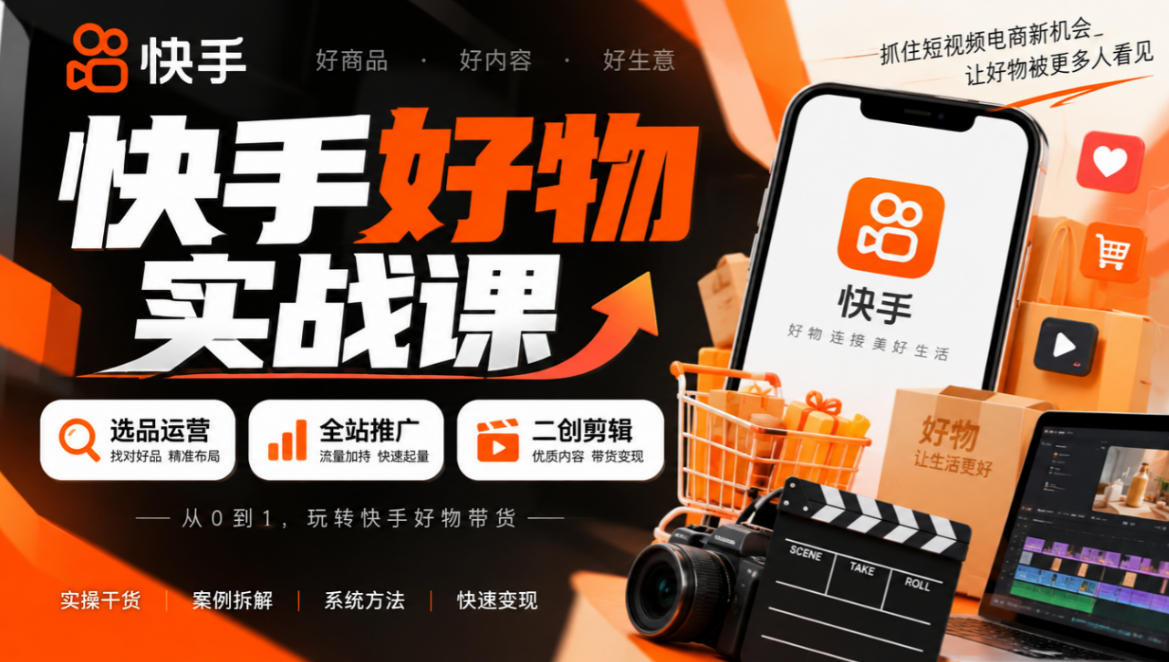 快手好物实战课|选品运营+全站推广+二创剪辑带货变现网络赚钱,项目资源网,副业资源网,兼职项目,网赚课程-副业赚钱-互联网创业-独家轻创IP大圣网创