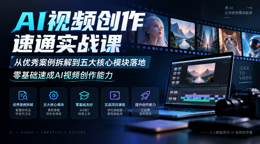 AI视频创作速通实战课|从优秀案例拆解到五大核心模块落地,零基础速成AI视频创作能力网络赚钱,项目资源网,副业资源网,兼职项目,网赚课程-副业赚钱-互联网创业-独家轻创IP大圣网创