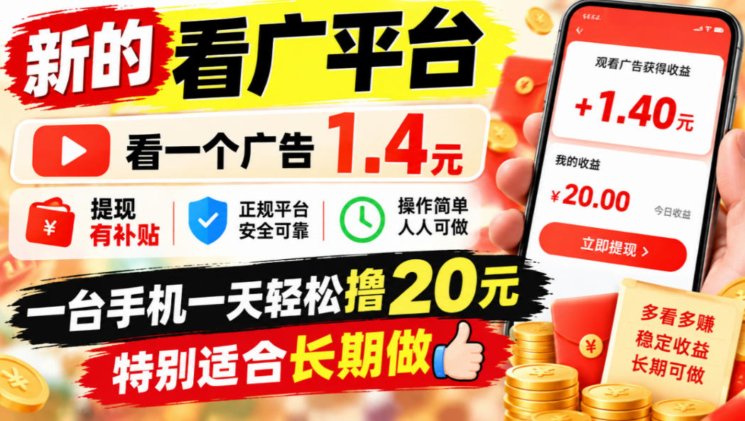 一个新的看广平台,看一个广告1.4元,提现有补贴,一台手机一天轻松撸20+,特别适合长期做【揭秘】网络赚钱,项目资源网,副业资源网,兼职项目,网赚课程-副业赚钱-互联网创业-独家轻创IP大圣网创