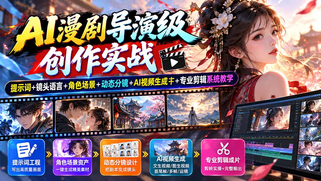 AI漫剧导演级创作实战：提示词+镜头语言+角色场景+动态分镜+AI视频生成+专业剪辑系统教学网络赚钱,项目资源网,副业资源网,兼职项目,网赚课程-副业赚钱-互联网创业-独家轻创IP大圣网创