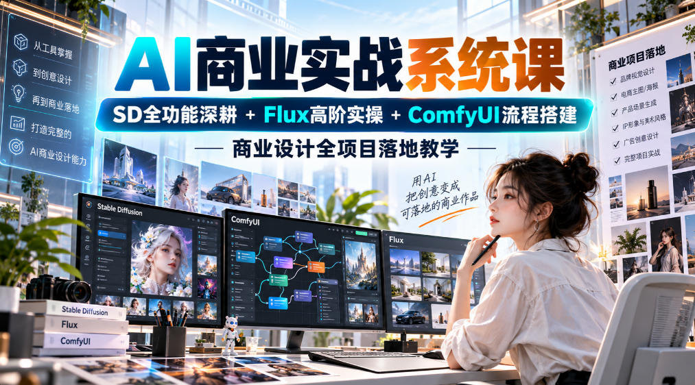 AI商业实战系统课|SD全功能深耕+Flux高阶实操+Comfyui流程搭建,商业设计全项目落地教学网络赚钱,项目资源网,副业资源网,兼职项目,网赚课程-副业赚钱-互联网创业-独家轻创IP大圣网创
