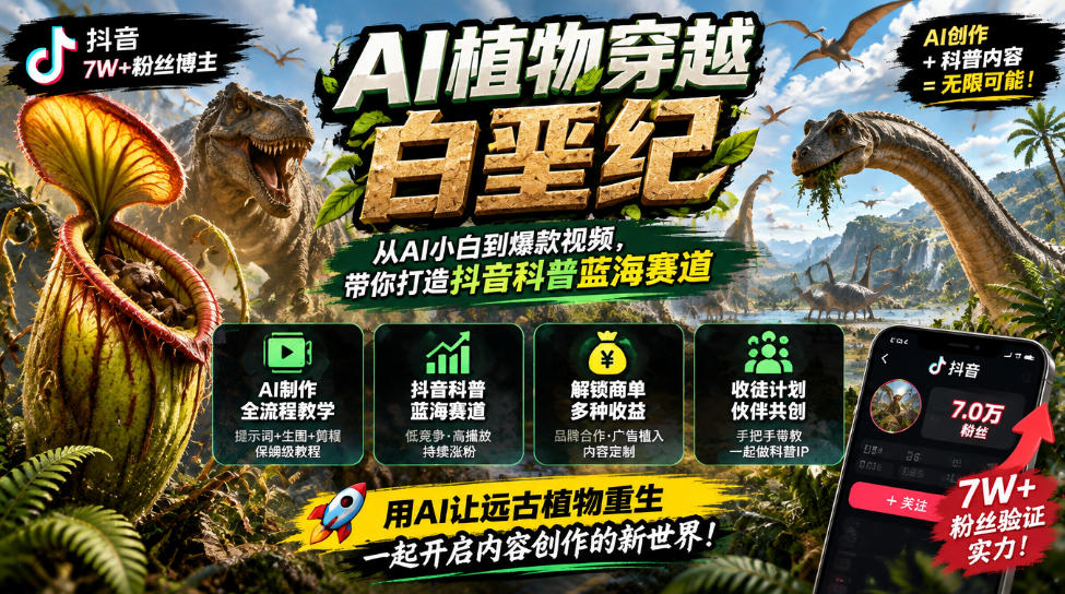 抖音7W粉丝博主的AI植物穿越白垩纪教学，抖音科普蓝海赛道，解锁商单收徒伙伴计划等多种收益网络赚钱,项目资源网,副业资源网,兼职项目,网赚课程-副业赚钱-互联网创业-独家轻创IP大圣网创
