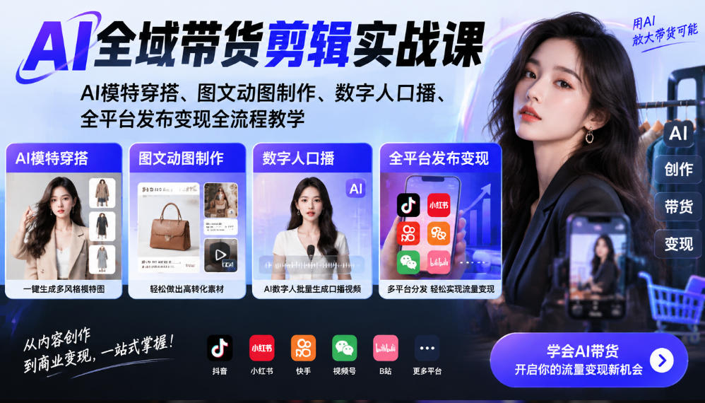 AI全域带货剪辑实战课｜AI模特穿搭、图文动图制作、数字人口播、全平台发布变现全流程教学网络赚钱,项目资源网,副业资源网,兼职项目,网赚课程-副业赚钱-互联网创业-独家轻创IP大圣网创