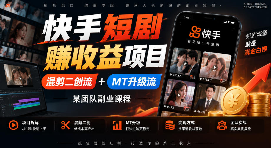 快手短剧賺收益项目，混剪二创流+MT升级流，某团队副业课程网络赚钱,项目资源网,副业资源网,兼职项目,网赚课程-副业赚钱-互联网创业-独家轻创IP大圣网创