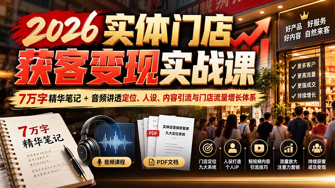 2026实体门店获客变现实战课：7万字精华笔记+音频讲透定位、人设、内容引流与门店流量增长体系网络赚钱,项目资源网,副业资源网,兼职项目,网赚课程-副业赚钱-互联网创业-独家轻创IP大圣网创