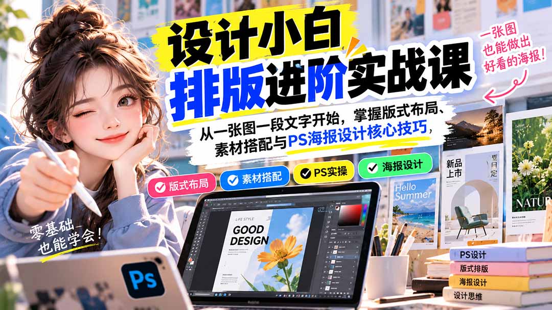 设计小白排版进阶实战课：从一张图一段文字开始，掌握版式布局、素材搭配与PS海报设计核心技巧网络赚钱,项目资源网,副业资源网,兼职项目,网赚课程-副业赚钱-互联网创业-独家轻创IP大圣网创