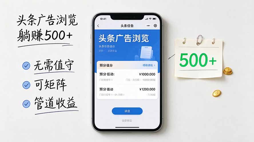 头条广告浏览躺赚500+无需值守，可矩阵并附有管道收益网络赚钱,项目资源网,副业资源网,兼职项目,网赚课程-副业赚钱-互联网创业-独家轻创IP大圣网创