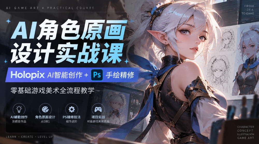 AI角色原画设计实战课｜Holopix AI智能创作+PS手绘精修，零基础游戏美术全流程教学网络赚钱,项目资源网,副业资源网,兼职项目,网赚课程-副业赚钱-互联网创业-独家轻创IP大圣网创