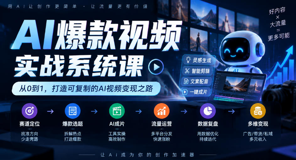 AI爆款视频实战系统课｜赛道定位、爆款选题、AI成片、流量运营、数据复盘、多维变现全链路教学网络赚钱,项目资源网,副业资源网,兼职项目,网赚课程-副业赚钱-互联网创业-独家轻创IP大圣网创