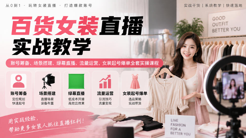 百货女装直播实战教学|账号筹备、场景搭建、绿幕直播、流量运营、女装起号爆单全套实操课程网络赚钱,项目资源网,副业资源网,兼职项目,网赚课程-副业赚钱-互联网创业-独家轻创IP大圣网创