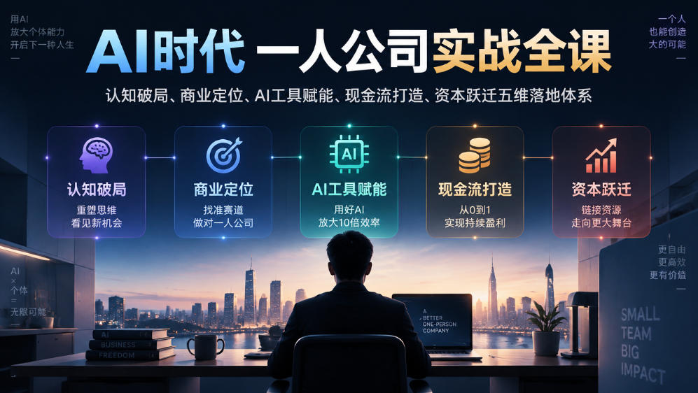 AI时代一人公司实战全课|认知破局、商业定位、AI工具赋能、现金流打造、资本跃迁五维落地体系网络赚钱,项目资源网,副业资源网,兼职项目,网赚课程-副业赚钱-互联网创业-独家轻创IP大圣网创