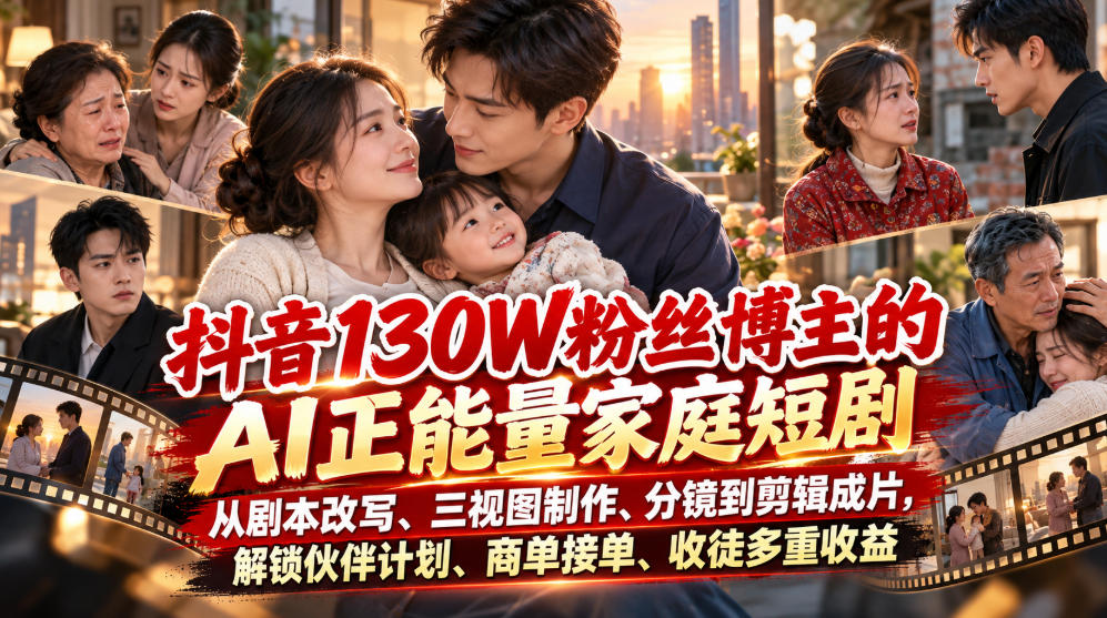 抖音130W粉丝博主的AI正能量家庭短剧，从剧本改写、三视图制作、分镜到剪辑成片，解锁伙伴计划、商单接单、收徒多重收益(更新1007)网络赚钱,项目资源网,副业资源网,兼职项目,网赚课程-副业赚钱-互联网创业-独家轻创IP大圣网创
