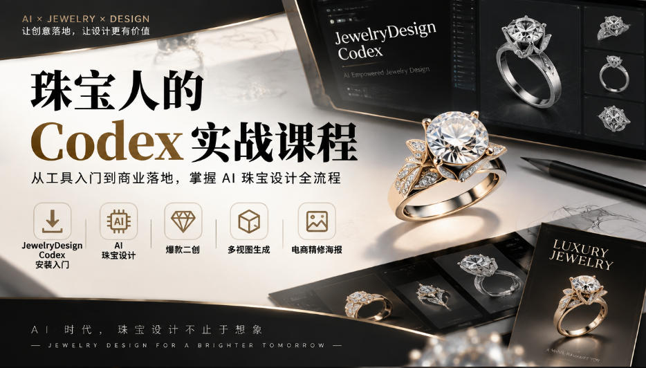珠宝人的Codex实战课程|JewelryDesign Codex安装入门、AI珠宝设计、爆款二创、多视图生成、电商精修海报全链路教学网络赚钱,项目资源网,副业资源网,兼职项目,网赚课程-副业赚钱-互联网创业-独家轻创IP大圣网创