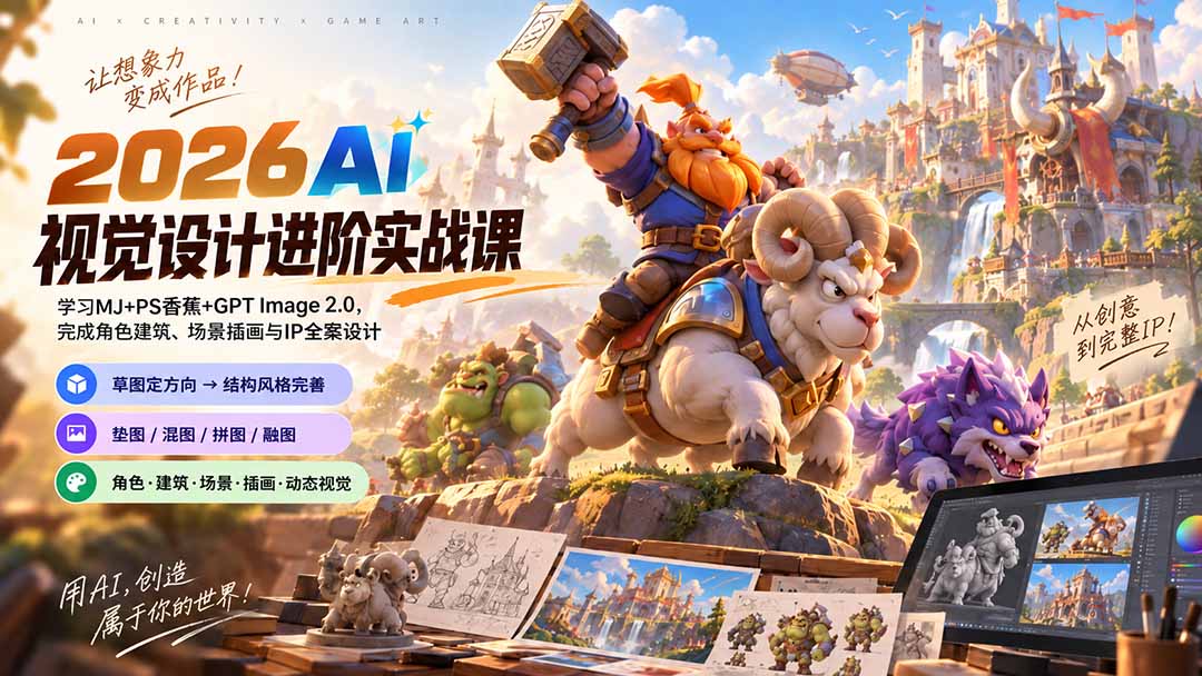 2026AI视觉设计进阶实战课-更新1007：学习MJ+PS香蕉+GPT Image 2.0，完成角色建筑、场景插画与IP全案设计网络赚钱,项目资源网,副业资源网,兼职项目,网赚课程-副业赚钱-互联网创业-独家轻创IP大圣网创
