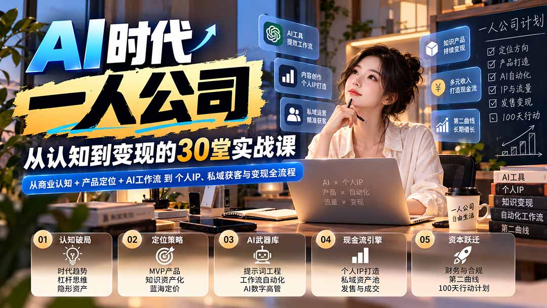 【无水印】AI时代一人公司30堂实战课：从商业认知+产品定位+AI工作流到个人IP、私域获客与变现全流程网络赚钱,项目资源网,副业资源网,兼职项目,网赚课程-副业赚钱-互联网创业-独家轻创IP大圣网创