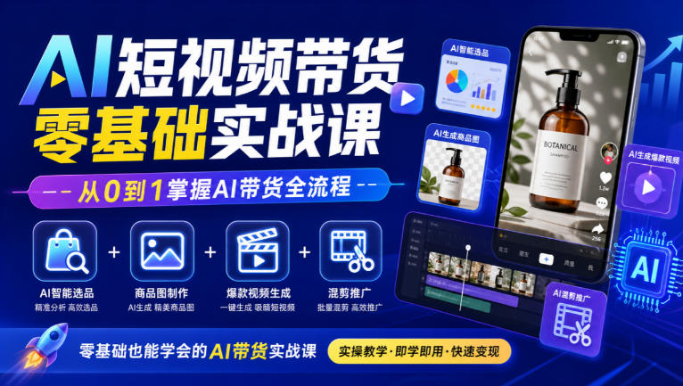 AI短视频带货零基础实战课｜AI智能选品+商品图制作+爆款视频生成+混剪推广，从0到1掌握AI带货全流程网络赚钱,项目资源网,副业资源网,兼职项目,网赚课程-副业赚钱-互联网创业-独家轻创IP大圣网创