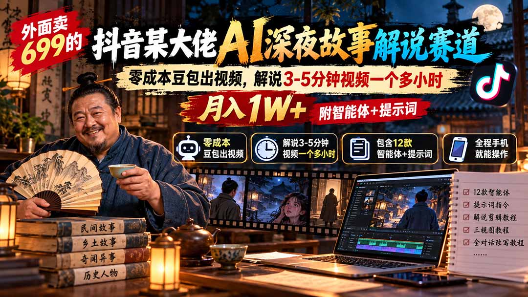 外面卖699抖音某大佬AI深夜故事解说赛道-更新:0成本豆包出视频+解说3-5分钟视频一个多小时,月入1W+附智能体+提示词网络赚钱,项目资源网,副业资源网,兼职项目,网赚课程-副业赚钱-互联网创业-独家轻创IP大圣网创
