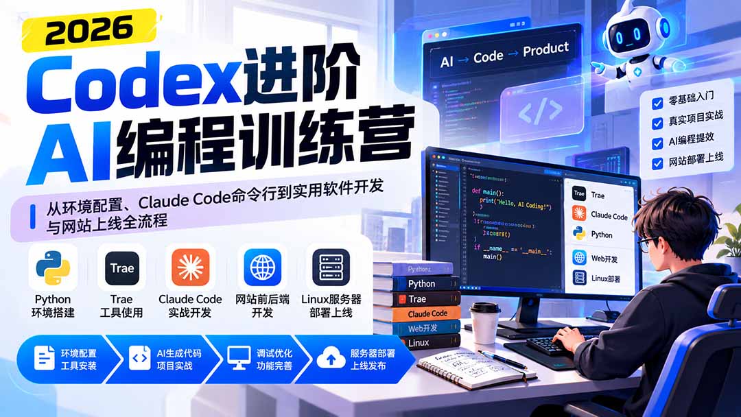 Codex进阶AI编程训练营:从环境配置、Claude Code命令行到实用软件开发与网站上线全流程网络赚钱,项目资源网,副业资源网,兼职项目,网赚课程-副业赚钱-互联网创业-独家轻创IP大圣网创