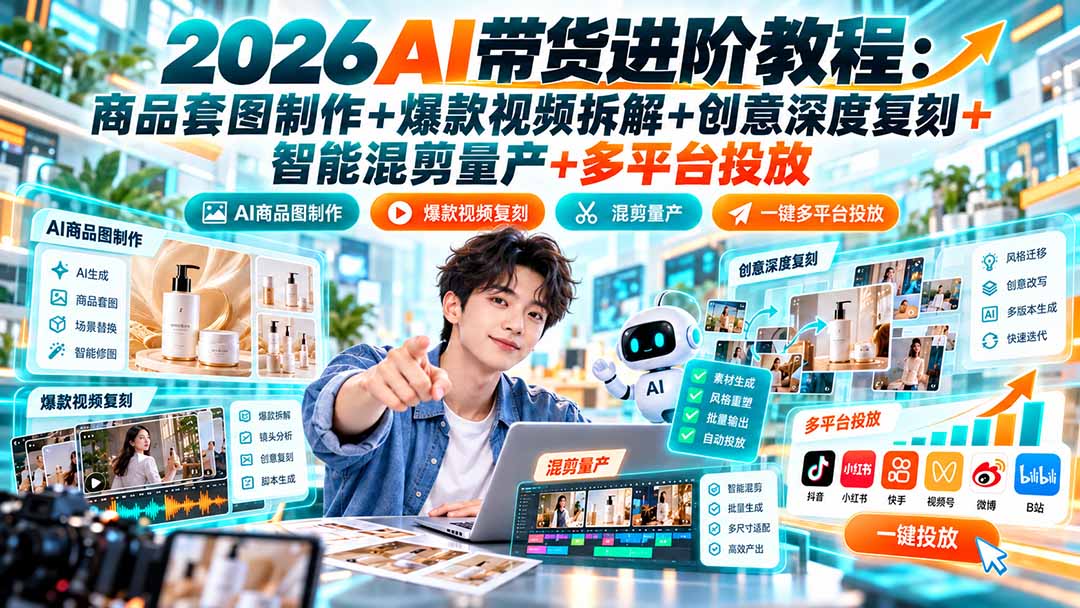 2026AI带货进阶教程：商品套图制作+爆款视频拆解+创意深度复刻+智能混剪量产+多平台投放网络赚钱,项目资源网,副业资源网,兼职项目,网赚课程-副业赚钱-互联网创业-独家轻创IP大圣网创
