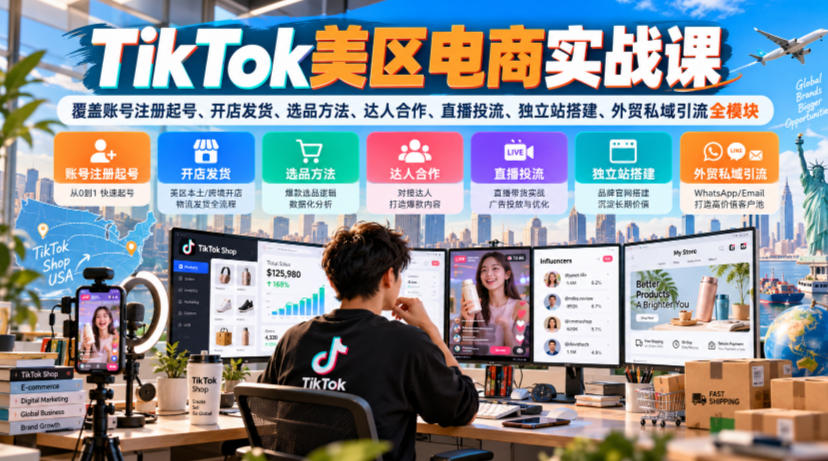 TikTok美区电商实战课，覆盖账号注册起号、开店发货、选品方法、达人合作、直播投流、独立站搭建、外贸私域引流全模块网络赚钱,项目资源网,副业资源网,兼职项目,网赚课程-副业赚钱-互联网创业-独家轻创IP大圣网创