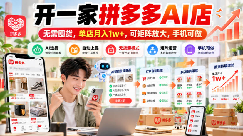 开一家拼多多AI店，无需囤货，单店月入1w+，可矩阵放大，手机可做【揭秘】网络赚钱,项目资源网,副业资源网,兼职项目,网赚课程-副业赚钱-互联网创业-独家轻创IP大圣网创
