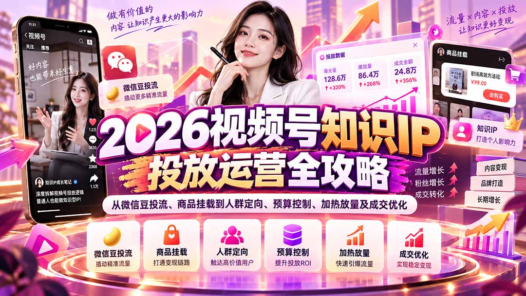 2026视频号知识IP投放运营全攻略:从微信豆投流、商品挂载到人群定向、预算控制、加热放量及成交优化网络赚钱,项目资源网,副业资源网,兼职项目,网赚课程-副业赚钱-互联网创业-独家轻创IP大圣网创