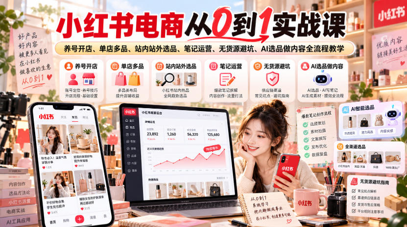 小红书电商从0到1实战课｜养号开店、单店多品、站内站外选品、笔记运营、无货源避坑、AI选品做内容全流程教学网络赚钱,项目资源网,副业资源网,兼职项目,网赚课程-副业赚钱-互联网创业-独家轻创IP大圣网创