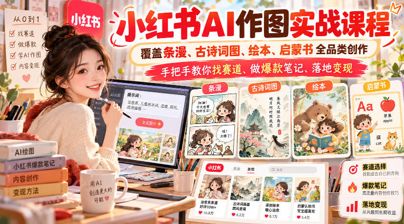 小红书AI作图实战课程,覆盖条漫、古诗词图、绘本、启蒙书全品类创作,手把手教你找赛道、做爆款笔记、落地变现(更新1009)网络赚钱,项目资源网,副业资源网,兼职项目,网赚课程-副业赚钱-互联网创业-独家轻创IP大圣网创