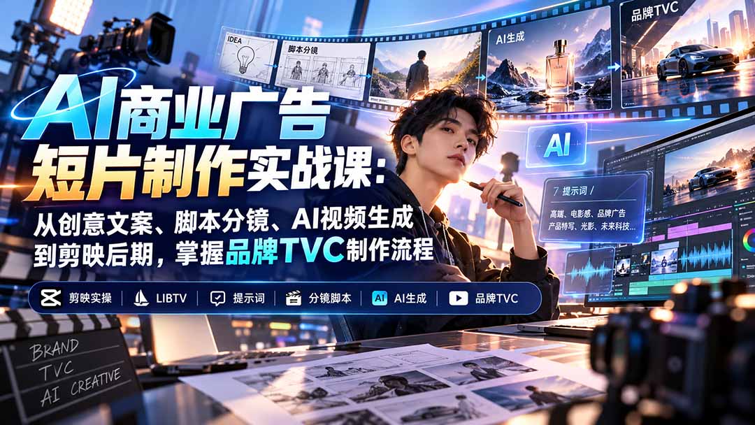 AI商业广告短片制作实战课:从创意文案、脚本分镜、AI视频生成到剪映后期,掌握品牌TVC制作流程网络赚钱,项目资源网,副业资源网,兼职项目,网赚课程-副业赚钱-互联网创业-独家轻创IP大圣网创