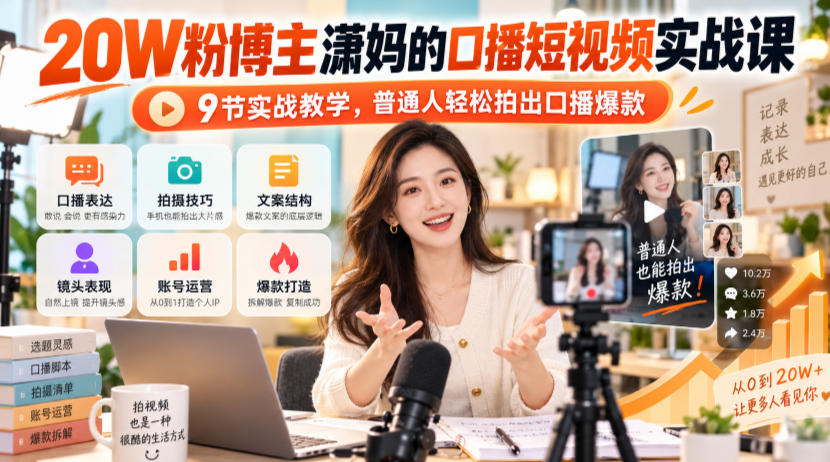 20W粉博主潇妈的口播短视频实战课，9节实战教学，普通人轻松拍出口播爆款网络赚钱,项目资源网,副业资源网,兼职项目,网赚课程-副业赚钱-互联网创业-独家轻创IP大圣网创