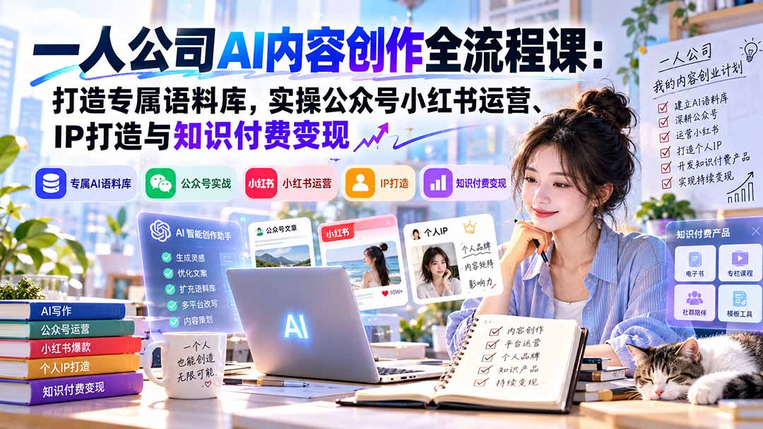 一人公司AI内容创作全流程课：打造专属语料库，实操公众号小红书运营、IP打造与知识付费变现方法论网络赚钱,项目资源网,副业资源网,兼职项目,网赚课程-副业赚钱-互联网创业-独家轻创IP大圣网创