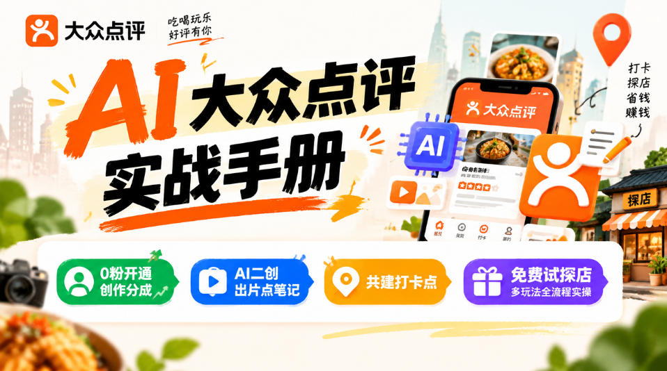 某局的AI大众点评实战手册，0粉开通创作分成、AI二创出片点笔记、共建打卡点、免费试探店多玩法全流程实操网络赚钱,项目资源网,副业资源网,兼职项目,网赚课程-副业赚钱-互联网创业-独家轻创IP大圣网创