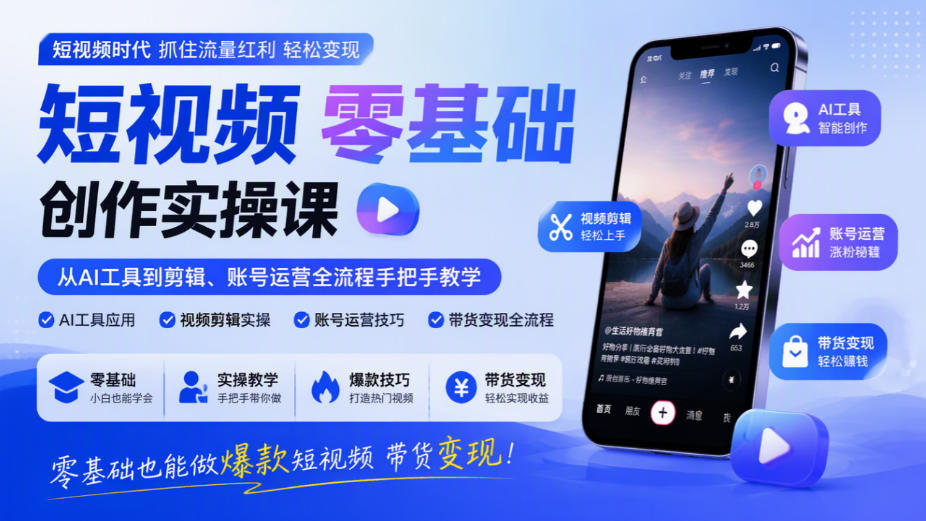 短视频零基础创作实操课,从AI工具到剪辑、账号运营全流程手把手教学,零基础也能做爆款短视频带货变现网络赚钱,项目资源网,副业资源网,兼职项目,网赚课程-副业赚钱-互联网创业-独家轻创IP大圣网创