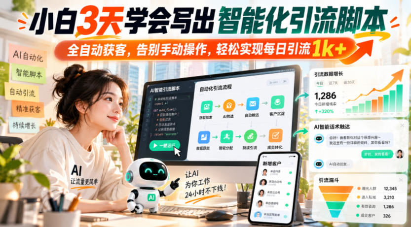 小白3天学会写出智能化引流脚本，全自动获客，告别手动操作，轻松实现每日引流1k+网络赚钱,项目资源网,副业资源网,兼职项目,网赚课程-副业赚钱-互联网创业-独家轻创IP大圣网创