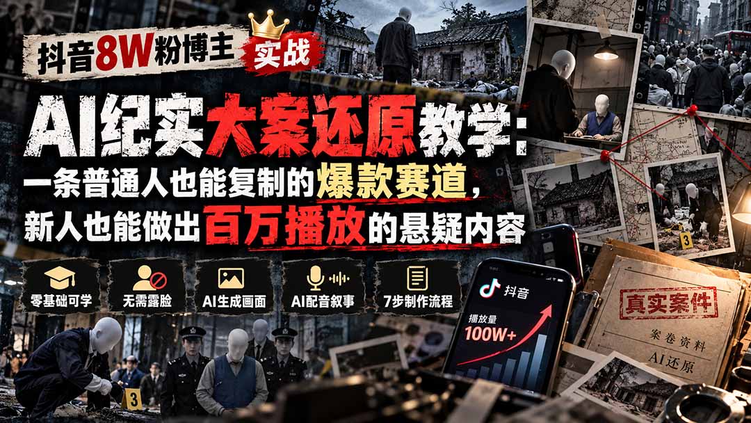 抖音8W粉博主AI纪实大案还原教学：一条普通人也能复制的爆款赛道，新人也能做出百万播放的悬疑内容网络赚钱,项目资源网,副业资源网,兼职项目,网赚课程-副业赚钱-互联网创业-独家轻创IP大圣网创