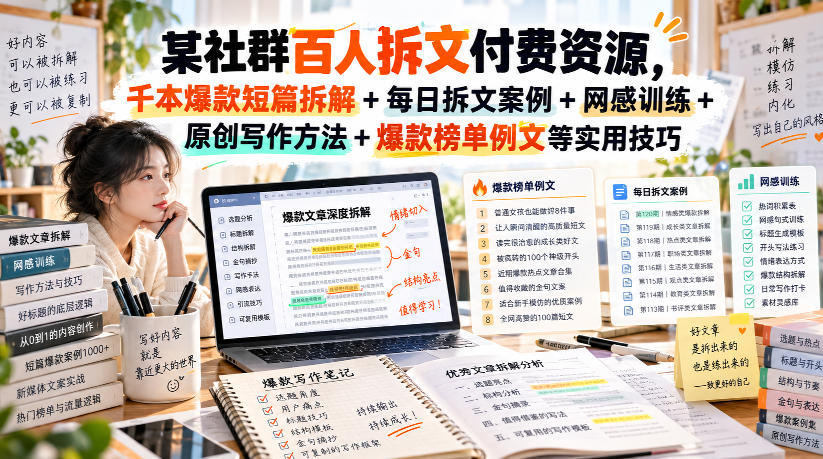 (无水印)某社群百人拆文付费资源,千本爆款短篇拆解+每日拆文案例+网感训练+原创写作方法+爆款榜单例文等实用技巧(更新1009)网络赚钱,项目资源网,副业资源网,兼职项目,网赚课程-副业赚钱-互联网创业-独家轻创IP大圣网创