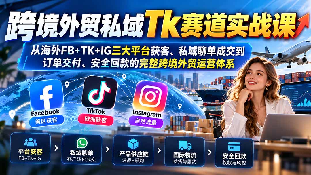 跨境外贸私域Tk赛道实战课:从海外FB+TK+IG三大平台获客、私域聊单成交到订单交付、安全回款的完整跨境外贸运营体系网络赚钱,项目资源网,副业资源网,兼职项目,网赚课程-副业赚钱-互联网创业-独家轻创IP大圣网创