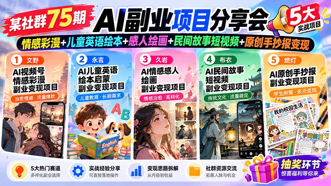某社群75期AI副业项目分享会:情感彩漫+儿童英语绘本+感人绘画+民间故事短视频+原创手抄报变现网络赚钱,项目资源网,副业资源网,兼职项目,网赚课程-副业赚钱-互联网创业-独家轻创IP大圣网创