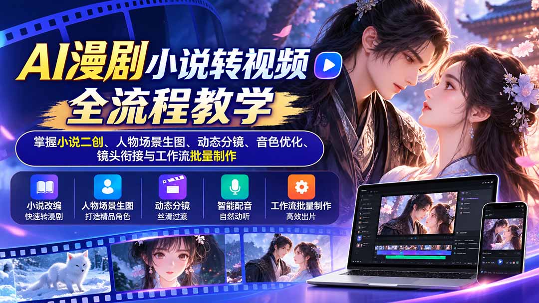 AI漫剧小说转视频全流程教学:掌握小说二创、人物场景生图、动态分镜、音色优化、镜头衔接与工作流批量制作网络赚钱,项目资源网,副业资源网,兼职项目,网赚课程-副业赚钱-互联网创业-独家轻创IP大圣网创