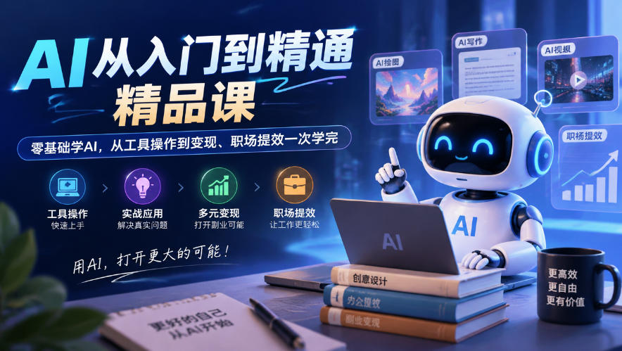 AI从入门到精通精品课,零基础学AI,从工具操作到变现、职场提效一次学完网络赚钱,项目资源网,副业资源网,兼职项目,网赚课程-副业赚钱-互联网创业-独家轻创IP大圣网创