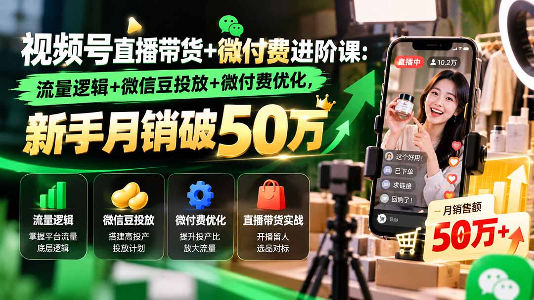 视频号直播带货+微付费进阶课-更新1010：流量逻辑+微信豆投放+微付费优化，新手月销破50万网络赚钱,项目资源网,副业资源网,兼职项目,网赚课程-副业赚钱-互联网创业-独家轻创IP大圣网创