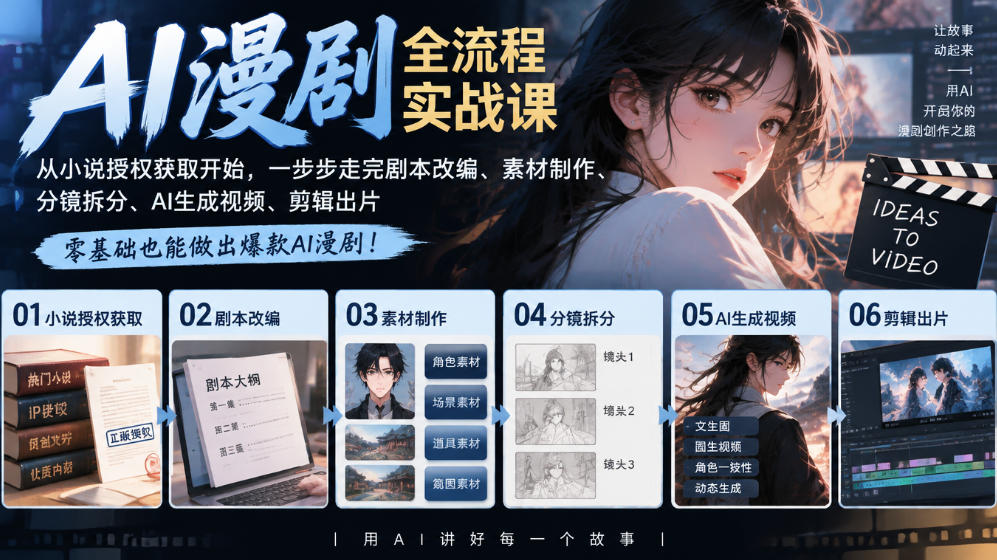 AI漫剧全流程实战课|从小说授权获取开始,一步步走完剧本改编、素材制作、分镜拆分、AI生成视频、剪辑出片全流程网络赚钱,项目资源网,副业资源网,兼职项目,网赚课程-副业赚钱-互联网创业-独家轻创IP大圣网创
