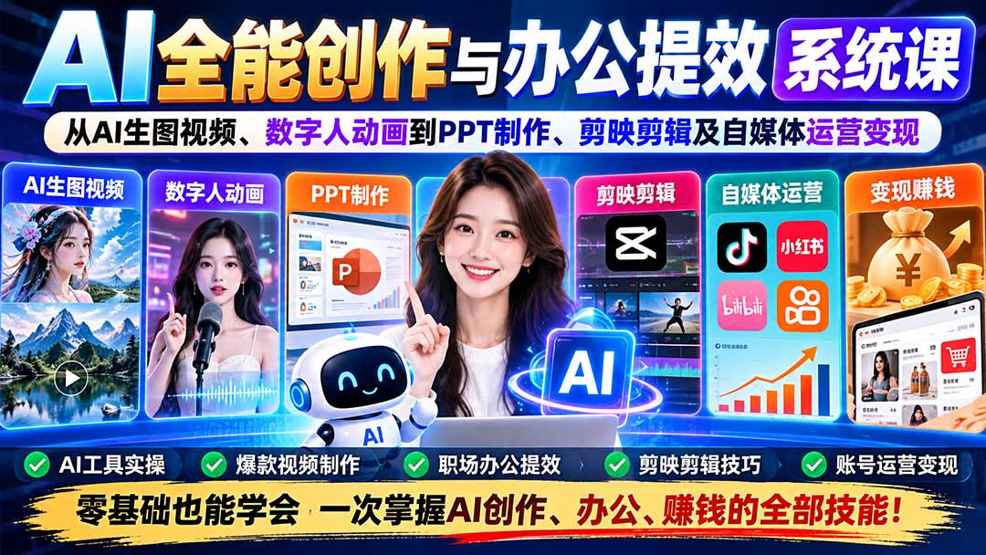 AI全能创作与办公提效系统课:从AI生图视频、数字人动画到PPT制作、剪映剪辑及自媒体运营变现网络赚钱,项目资源网,副业资源网,兼职项目,网赚课程-副业赚钱-互联网创业-独家轻创IP大圣网创