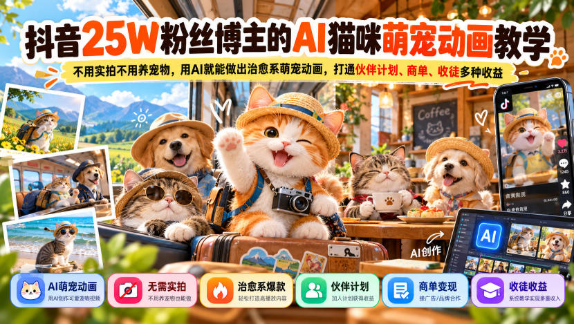 抖音25W粉丝博主的AI猫咪萌宠动画教学，不用实拍不用养宠物，用AI就能做出治愈系萌宠动画，打通伙伴计划、商单、收徒多种收益网络赚钱,项目资源网,副业资源网,兼职项目,网赚课程-副业赚钱-互联网创业-独家轻创IP大圣网创