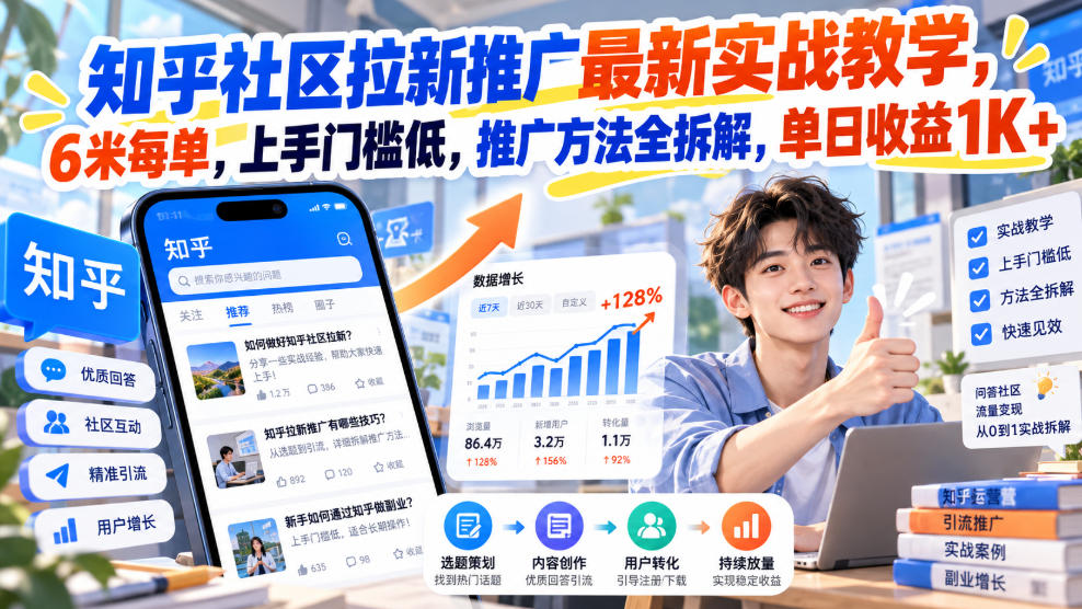 知乎社区拉新推广最新实战教学，6米每单，上手门槛低，推广方法全拆解，单日收益1K+！(更新1010)网络赚钱,项目资源网,副业资源网,兼职项目,网赚课程-副业赚钱-互联网创业-独家轻创IP大圣网创