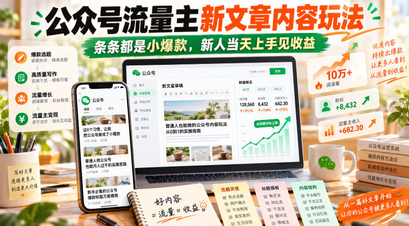 公众号流量主新文章内容玩法,条条都是小爆款,新人当天上手见收益网络赚钱,项目资源网,副业资源网,兼职项目,网赚课程-副业赚钱-互联网创业-独家轻创IP大圣网创